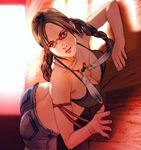 armlet ass bikini_top braid breast_press breasts cleavage denim dutch_angle feathers glasses jeans jewelry julia_chang kawano_takuji large_breasts lips long_hair native_american necklace official_art on_floor pants solo tekken textless twin_braids 