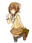  ;) ai_(aria) aria bad_id bad_pixiv_id bag blush brown_eyes brown_hair commentary_request hair_ribbon handbag heart jacket leg_up loafers looking_at_viewer multipl necktie one_eye_closed ribbon school_bag shoes simple_background skirt smile solo standing thighhighs white_background white_neckwear zettai_ryouiki 