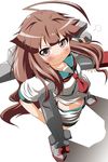  ahoge bad_id bad_pixiv_id blush brown_eyes brown_hair carrying_under_arm commentary_request from_above kantai_collection kuma_(kantai_collection) light_smile long_hair looking_at_viewer looking_up midriff neckerchief panties shadow shirt solo spiked_hair standing unbuttoned underwear wavy_mouth white_panties white_shirt zenra_yashiki 