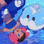  afloat black_sclera blue_eyes blue_sarong brown_hair dark_skin elite_four flower fuyou_(pokemon) gen_5_pokemon hair_flower hair_ornament ishico jellicent looking_at_another midriff partially_submerged pokemon pokemon_(creature) pokemon_(game) pokemon_rse print_sarong red_eyes sarong short_hair skirt smile strapless tubetop water 