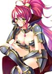  armor blush breasts bucchake_(asami) cheek_press cleavage facial_mark gauntlets highres large_breasts long_hair oda_nobunaga_(sengoku_otome) ponytail red_hair sengoku_otome simple_background solo yellow_eyes 