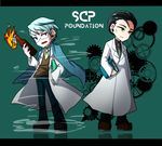  black_hair blue_hair bottle chibi commentary_request copyright_name fire gears gears_(scp) glasses green_eyes iceberg_(scp) labcoat male_focus molotov_cocktail multiple_boys necktie open_mouth scp_foundation standing vest 