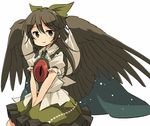  bird_wings black_eyes black_hair black_wings bow cape hair_bow puffy_short_sleeves puffy_sleeves reiuji_utsuho shirt short_sleeves simple_background skirt smile solo third_eye touhou v_arms white_background wings yudepii 