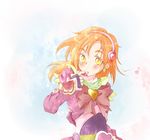  arm_warmers blush cashew_(won) cure_bloom detached_sleeves dress earrings eyelashes fingerless_gloves futari_wa_precure_splash_star gloves hair_down heart hyuuga_saki jewelry long_hair magical_girl microphone orange_hair pink_dress precure ribbon solo yellow_eyes 