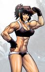  abs breasts brown_eyes brown_hair cleavage covered_nipples daimon_akiko danusko fingerless_gloves gloves hand_on_hip headband midriff muscle navel pose short_ponytail short_shorts shorts solo sports_bra taisen_hot_gimmick taisen_hot_gimmick_4ever toned 