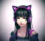  animal_ears axent_wear black_hair cat_ear_headphones cat_ears commentary headphones lips long_hair original solo wenqing_yan yellow_eyes 