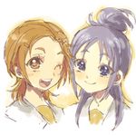  ;d aano_(10bit) brown_eyes brown_hair eyelashes futari_wa_precure_splash_star hair_bun half_updo happy hyuuga_saki long_hair looking_at_viewer mishou_mai multiple_girls one_eye_closed open_mouth precure purple_eyes purple_hair school_uniform short_hair sketch smile very_short_hair yuunagi_middle_school_uniform 