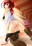  1girl ahoge arc_system_works ass bare_shoulders blazblue blush celica_a_mercury from_behind highres kashisu_mint long_hair looking_at_viewer looking_back looking_over_shoulder panties ponytail print_panties red_eyes red_hair shoes skirt skirt_pull smile underwear 