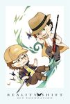  alto_clef baseball_cap black_hair blue_eyes bug butterfly chibi clenched_hand facial_hair glasses gloves gray-witch_hai_miko green_eyes gun hat heterochromia insect knife kondraki male_focus midriff multiple_boys navel popped_collar postcard scp-408 scp_foundation sharp_teeth teeth weapon 