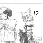  !? 1boy 1girl ? animal_ears bare_shoulders breasts brooch bwsnowy collarbone cosplay dress epaulettes fan fang gem greyscale imaizumi_kagerou imaizumi_kagerou_(cosplay) inubashiri_momiji jewelry long_hair medium_breasts military military_uniform monochrome no_eyes off-shoulder_shirt open_mouth shaded_face shirt short_hair sidelocks simple_background tail tooth touhou uniform white_background wig wolf_ears wolf_tail 