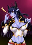  areolae asmodeus_(shinrabanshou) black_sclera blue_skin breasts cropped_jacket demon_girl exeb. horns kiseru large_breasts licking long_hair nipples pipe pointy_ears shinrabanshou slit_pupils solo yellow_eyes 