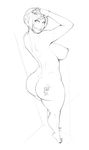  absurdres ass back breasts curvy fix-it_felix_jr from_behind greyscale highres large_breasts lineart lm_(legoman) looking_back monochrome nipples nude short_hair smile solo tamora_jean_calhoun tattoo thick_thighs thighs tiptoes wide_hips wreck-it_ralph 