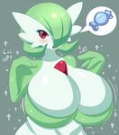  1girl arrow breast_expansion breasts candy cleavage female gameplay_mechanics gardevoir gigantic_breasts green_hair hair_over_one_eye jcdr no_humans nougat_(jcdr) open_mouth pokemon rare_candy red_eyes solo 