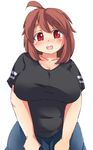  :d ahoge banned_artist black_shirt blush breasts brown_hair cleavage collarbone eno_konoe eyebrows head_tilt huge_breasts looking_at_viewer mikomu open_mouth original plump red_eyes shirt short_hair short_sleeves simple_background smile solo t-shirt thick_eyebrows v_arms white_background 