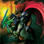  artist_request battle blonde_hair blue_eyes cape dark_skin dark_skinned_male duel earrings epic ganondorf gerudo gloves highres holding holding_sword holding_weapon jewelry left-handed link male_focus master_sword official_art red_eyes red_hair shield solo standing sword the_legend_of_zelda the_legend_of_zelda:_ocarina_of_time weapon 