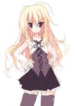  ahoge angry black_legwear blonde_hair blue_eyes blush hands_on_hips long_hair open_mouth original simple_background sketch skirt solo thighhighs tsurusaki_takahiro zettai_ryouiki 