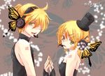  1girl bad_id bad_pixiv_id blonde_hair brother_and_sister butterfly_wings green_eyes hair_ornament hairclip hat headphones headset kagamine_len kagamine_rin magnet_(vocaloid) mini_hat mini_top_hat nail_polish open_mouth ruirui69 short_hair siblings symmetrical_hand_pose top_hat twins vocaloid wings yellow_nails 