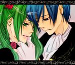  1girl bad_id bad_pixiv_id blue_eyes blue_hair cantarella_(vocaloid) chin_hold close-up face flower gloves green_eyes green_hair hands hatsune_miku kaito lips long_hair rose tsukimushi twintails vocaloid 