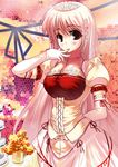  bad_id bad_pixiv_id breasts cleavage corset crown eating elbow_gloves flower food gloves large_breasts long_hair miyazaki_byou original pink_hair red_eyes ribbon solo 