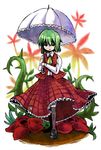  ascot dress flower glowing glowing_eyes green_hair jiageya_(atojian_keikaku) kazami_yuuka mary_janes plaid plaid_skirt plaid_vest rafflesia_(flower) red_eyes shoes short_hair skirt skirt_set smile solo thorns touhou umbrella vest walking 