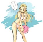  bikini blonde_hair blue_eyes copy_ability kirby kirby_(series) long_hair lowres mutsuki_kaya pointy_ears princess_zelda smile solo swimsuit the_legend_of_zelda translated 