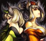  animal_ears aura back bare_shoulders blue_eyes breasts brown_eyes eyeshadow fox_ears hair_ribbon hair_up japanese_clothes kongiku large_breasts leaf leaf_on_head lips long_hair looking_back makeup multiple_girls oboro_muramasa ochazukefinch off_shoulder ribbon white_hair yuzuruha 