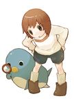  animal bird brown_eyes brown_hair copyright_request leaning_forward magnifying_glass morikawa_sumio penguin solo 