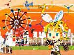  1girl aircraft airplane blonde_hair blue_eyes brother_and_sister chibi gensou-ron_(vocaloid) ground_vehicle guitar hair_ornament hair_ribbon hairclip instrument kagamine_len kagamine_rin milo paper ribbon short_hair siblings smile suitcase train twins vocaloid wheel 