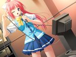  dutch_angle fukunaga_midori game_cg imouto_watashi_donna_koto_datte... karaoke long_hair monitor music non-web_source one_eye_closed ponytail purple_eyes red_hair salute school_uniform singing solo 