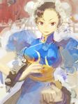  bad_id bad_pixiv_id bracelet brown_eyes brown_hair bun_cover china_dress chinese_clothes chun-li double_bun dress jewelry okojo pantyhose pelvic_curtain short_hair solo spiked_bracelet spikes street_fighter 