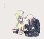  1girl armor bad_id bad_pixiv_id black_armor blood bloody_weapon cape cecil_harvey child comforting dark_knight_(final_fantasy) earrings face_down final_fantasy final_fantasy_iv green_eyes green_hair hair_ornament hand_on_another's_head hand_on_own_chest hand_on_own_face jewelry knee_up long_hair looking_at_another milkjam motion_lines outstretched_arm pauldrons petting rydia sad shoes simple_background sitting sketch standing star star_earrings sword translated weapon white_hair yellow_footwear younger 