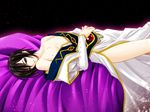  androgynous bad_id bad_pixiv_id black_hair code_geass lelouch_lamperouge long_sleeves male_focus purple_eyes solo thighs undressing yorushin 