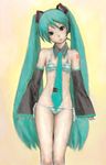  aqua_hair bad_id bad_pixiv_id bikini detached_collar detached_sleeves flat_chest hatsune_miku head_tilt long_hair necktie pon side-tie_bikini solo staring striped striped_bikini swimsuit tie_clip twintails vocaloid 