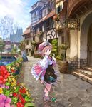  atelier_(series) atelier_rorona barrel blue_eyes boots brown_hair day dress flower hat holding house kishida_mel official_art outdoors rororina_fryxell smile solo staff standing 