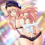  blonde_hair blue_eyes breasts choker cleavage foreshortening gloves groin hat large_breasts long_hair macross macross_frontier one_eye_closed peaked_cap pointing sheryl_nome short_shorts shorts solo sparkle strapless suspenders thigh_gap tubetop wide_hips yaso_shigeru zoom_layer 