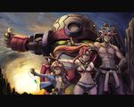  2boys animal animal_between_breasts bad_id bad_pixiv_id belt between_breasts bikini_top boota breasts butcha-u denim denim_shorts goggles goggles_on_head kamina kamina_shades lagann large_breasts multiple_boys ponytail shirtless shorts simon sunglasses tengen_toppa_gurren_lagann thumbs_up yoko_littner 