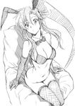  animal_ears bikini bow bowtie breasts bunny_ears cleavage fishnet_legwear fishnets gloves greyscale hair_ornament kurenai_karasu large_breasts long_hair monochrome ponytail sidelocks sitting solo swimsuit tail tengen_toppa_gurren_lagann thighhighs yoko_littner 