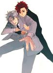  baccano! bad_id bad_pixiv_id claire_stanfield formal grey_eyes hug hug_from_behind jacket ladd_russo male_focus multiple_boys necktie rawjelly red_hair silver_hair suit 