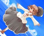  :d black_skirt blush brown_eyes brown_hair dutch_angle fedora hat kanoe_soushi long_skirt long_sleeves looking_at_viewer ocean open_mouth outstretched_arms shirt skirt smile solo standing touhou usami_renko water white_shirt wind 