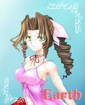  aerith_gainsborough bad_id bad_pixiv_id bare_shoulders bow brown_hair character_name chemise cropped_jacket drill_hair final_fantasy final_fantasy_vii green_eyes pink_bow pinkrojar ponytail solo strap_slip 