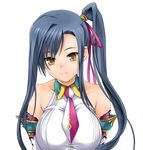  bare_shoulders blue_hair breasts highres kan'u koihime_musou large_breasts ponytail soba_(saz) solo yellow_eyes 