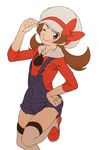  blush brown_eyes brown_hair cabbie_hat hat hat_ribbon kei_(bekei) kotone_(pokemon) long_hair one_eye_closed overalls pokemon pokemon_(game) pokemon_hgss red_ribbon ribbon short_twintails simple_background socks solo thighhighs twintails white_background 