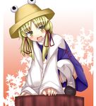  :d arm_support blonde_hair blush gr_(artist) hair_ribbon hat leaf leaf_background leaning_forward long_hair moriya_suwako open_mouth panties pantyshot pantyshot_(squatting) ribbon smile solo squatting thighhighs touhou underwear yellow_eyes 