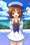  :d blush brown_eyes brown_hair dress fang hat hayami_ayumi inou_shin open_mouth sailor sailor_dress sailor_hat smile solo submarine_707r 