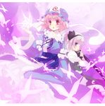  :o blush bug butterfly dress hat hitodama insect konpaku_youmu konpaku_youmu_(ghost) kurot multiple_girls pink_hair saigyouji_yuyuko short_hair touhou white_hair 