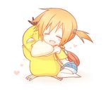  =_= backpack bag barefoot blush chibi gen_1_pokemon gym_leader heart hug kasumi_(pokemon) kuu_(0427) orange_hair pokemon pokemon_(anime) pokemon_(creature) psyduck short_hair side_ponytail simple_background smile suspenders 