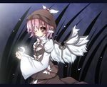  animal_ears blush brown_eyes dress feathers futase_hijiri hat mystia_lorelei one_eye_closed pink_hair short_hair solo sparkle touhou wings 