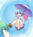  bad_id bad_pixiv_id blue_hair chibi geta heterochromia karakasa_obake kochiya_sanae multiple_girls open_mouth purple_umbrella ren_(733) short_hair tatara_kogasa touhou umbrella umbrella_riding 