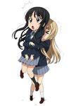  &gt;_&lt; 2girls :&lt; akiyama_mio anime_coloring bangs black_eyes black_hair blonde_hair blunt_bangs blush chibi closed_eyes eyebrows glomp grabbing grey_eyes hime_cut hug hug_from_behind isse k-on! kotobuki_tsumugi lifting_person long_hair multiple_girls official_style school_uniform skirt socks surprised 