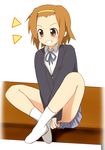  blazer brown_eyes brown_hair grin hairband hiiragi_mitsuna indian_style jacket k-on! school_uniform short_hair sitting smile socks solo tainaka_ritsu tomboy white_legwear yellow_hairband 